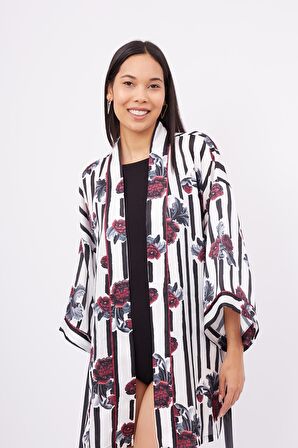 Peraluna STRIPE GARDEN SHORT KIMONO Çizgili Güllü Baskılı 80 CM Kısa Saten Kadın Kimono - Çok Renkli