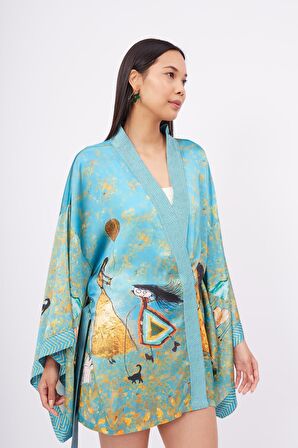 Peraluna JOY SHORT KIMONO Anne-Çocuk Baskılı 80 CM Kısa Saten Kadın Kimono - Turkuaz