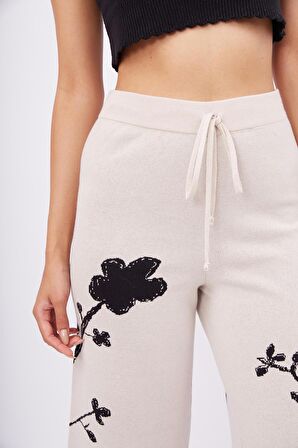 Peraluna LADY SAKURA TROUSER Sakura Desen Yüksek Bel Rahat Kesim Beli Lastikli Kadın Triko Pantolon - Bej