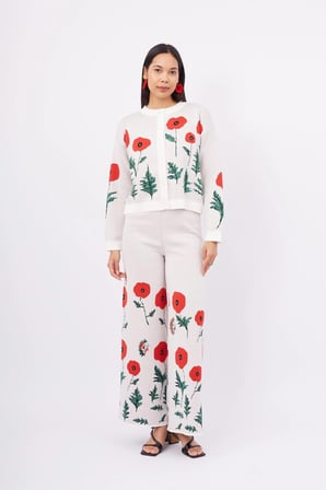 Peraluna POPPY TROUSER Gelincik Desen Yüksek Bel Rahat Kesim Beli Lastikli Kadın Triko Pantolon - Ekru