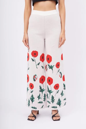 Peraluna POPPY TROUSER Gelincik Desen Yüksek Bel Rahat Kesim Beli Lastikli Kadın Triko Pantolon - Ekru