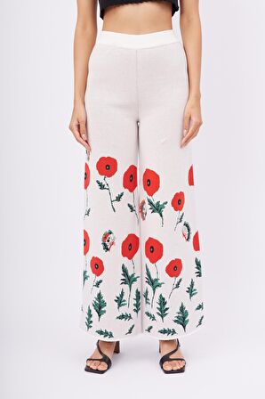 Peraluna POPPY TROUSER Gelincik Desen Yüksek Bel Rahat Kesim Beli Lastikli Kadın Triko Pantolon - Ekru