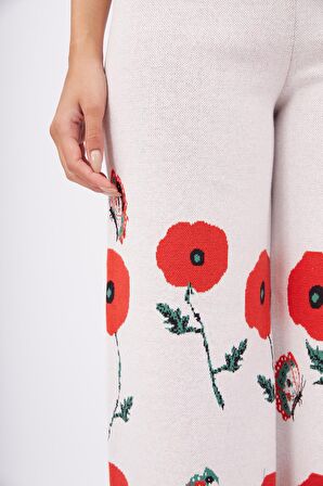 Peraluna POPPY TROUSER Gelincik Desen Yüksek Bel Rahat Kesim Beli Lastikli Kadın Triko Pantolon - Ekru