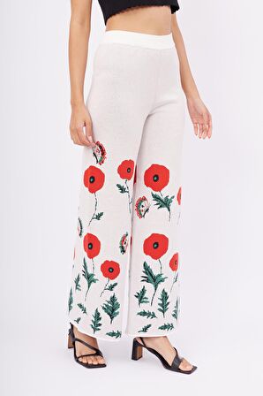 Peraluna POPPY TROUSER Gelincik Desen Yüksek Bel Rahat Kesim Beli Lastikli Kadın Triko Pantolon - Ekru