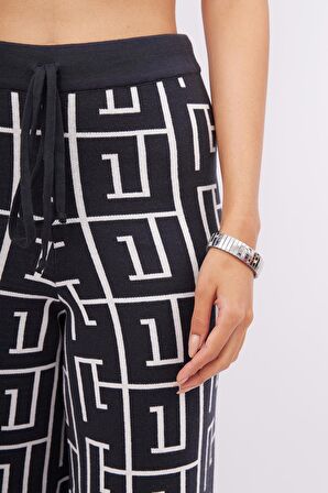 Peraluna MAZE TROUSER Labirent Desen Yüksek Bel Rahat Kesim Beli Lastikli Kadın Triko Pantolon - Antrasit/Ekru