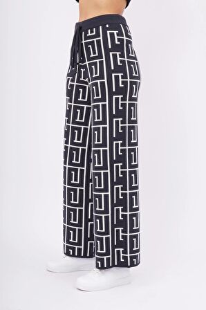 Peraluna MAZE TROUSER Labirent Desen Yüksek Bel Rahat Kesim Beli Lastikli Kadın Triko Pantolon - Antrasit/Ekru