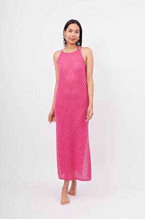 Peraluna EVELIEN DRESS Ajur Örgü Dar Kesim Halter Yaka Arkası Bağcıklı Uzun Kadın Triko Elbise - Fuşya