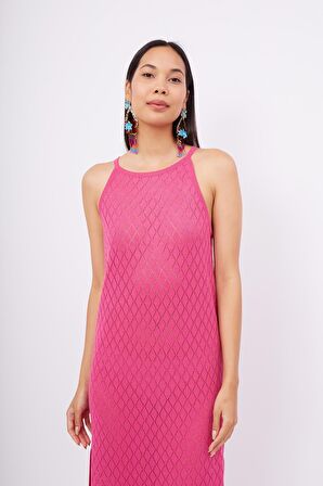 Peraluna EVELIEN DRESS Ajur Örgü Dar Kesim Halter Yaka Arkası Bağcıklı Uzun Kadın Triko Elbise - Fuşya