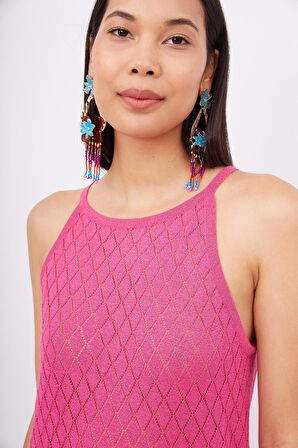 Peraluna EVELIEN DRESS Ajur Örgü Dar Kesim Halter Yaka Arkası Bağcıklı Uzun Kadın Triko Elbise - Fuşya