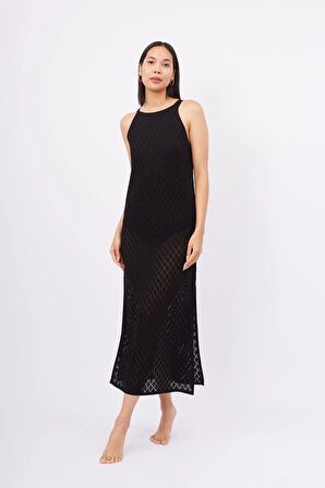 Peraluna EVELIEN DRESS Ajur Örgü Dar Kesim Halter Yaka Arkası Bağcıklı Uzun Kadın Triko Elbise - Siyah