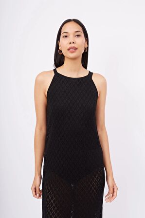 Peraluna EVELIEN DRESS Ajur Örgü Dar Kesim Halter Yaka Arkası Bağcıklı Uzun Kadın Triko Elbise - Siyah