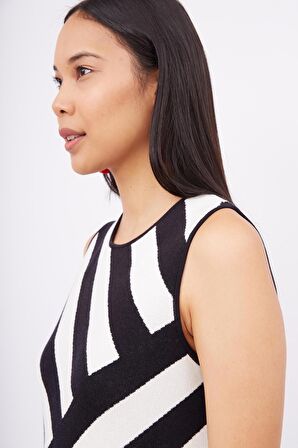 Peraluna PAULA DRESS Diagonal Çizgili A Form Kolsuz İnce Kadın Triko Elbise - Siyah/Beyaz