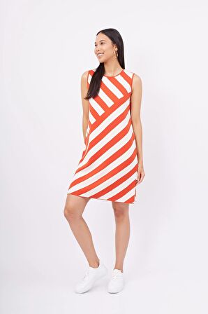 Peraluna PAULA DRESS Diagonal Çizgili A Form Kolsuz İnce Kadın Triko Elbise - Kırmızı/Beyaz
