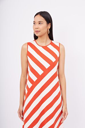 Peraluna PAULA DRESS Diagonal Çizgili A Form Kolsuz İnce Kadın Triko Elbise - Kırmızı/Beyaz