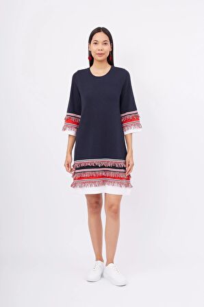 Peraluna HILDA DRESS Püskül Detaylı A Form 3/4 Kol Rahat Kadın Triko Elbise - Lacivert