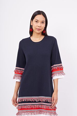 Peraluna HILDA DRESS Püskül Detaylı A Form 3/4 Kol Rahat Kadın Triko Elbise - Lacivert