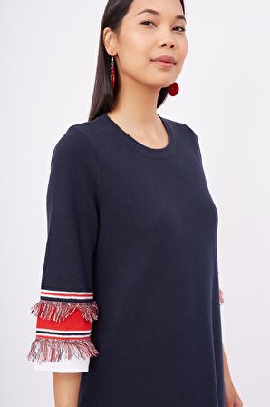 Peraluna HILDA DRESS Püskül Detaylı A Form 3/4 Kol Rahat Kadın Triko Elbise - Lacivert