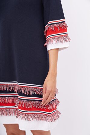 Peraluna HILDA DRESS Püskül Detaylı A Form 3/4 Kol Rahat Kadın Triko Elbise - Lacivert