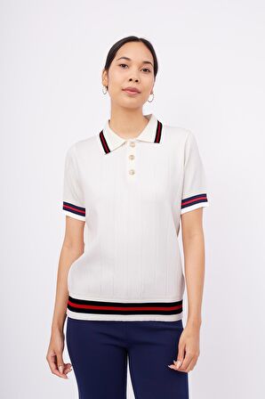 Styleboom X Peraluna LIZA BLOUSE Polo V Yaka Çizgi Detaylı Düğmeli İnce Kadın Triko Bluz - Ekru