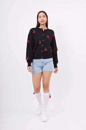 Peraluna CHERRY CARDIGAN Bol Kesim Elde Dokuma Kiraz Detaylı Kadın Triko Hırka - Siyah