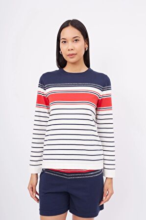 Peraluna SOFIA PULLOVER Organik Pamuk Çizgili Mevsimlik Kadın Triko Kazak - Lacivert Multi