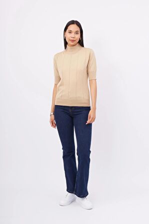 Peraluna BETTY BLOUSE Balıkçı Yaka Kısa Kollu İnce Basic Kadın Triko Bluz - Bej