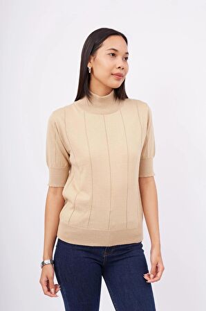 Peraluna BETTY BLOUSE Balıkçı Yaka Kısa Kollu İnce Basic Kadın Triko Bluz - Bej