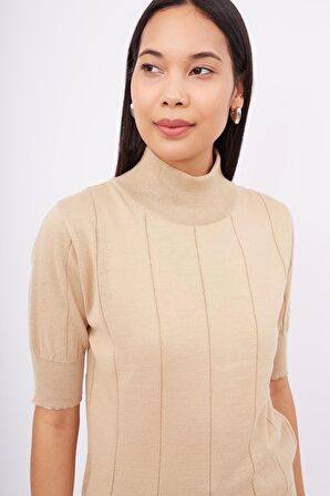 Peraluna BETTY BLOUSE Balıkçı Yaka Kısa Kollu İnce Basic Kadın Triko Bluz - Bej