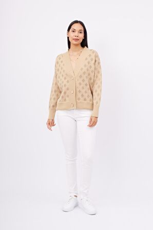 Peraluna MADRIGAL JACKET Simli Diamond Desenli Geniş Kalıp Kadın Triko Hırka - Bej