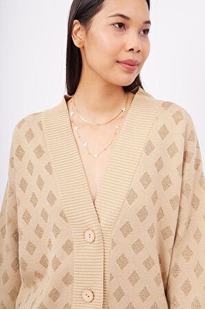 Peraluna MADRIGAL JACKET Simli Diamond Desenli Geniş Kalıp Kadın Triko Hırka - Bej