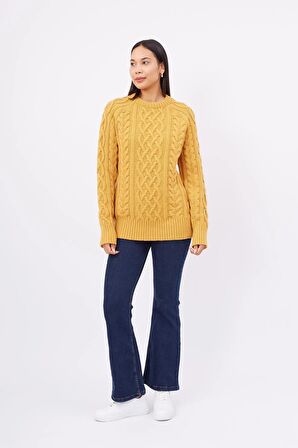 Peraluna Saç Örgülü Bisiklet Yaka Unisex Triko Kazak - Sarı