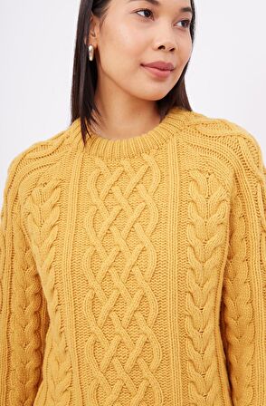 Peraluna Saç Örgülü Bisiklet Yaka Unisex Triko Kazak - Sarı