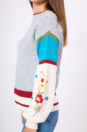 Peraluna Aurora Rahat Kesim Kadın Triko Kazak - Gri/Mavi/Multi