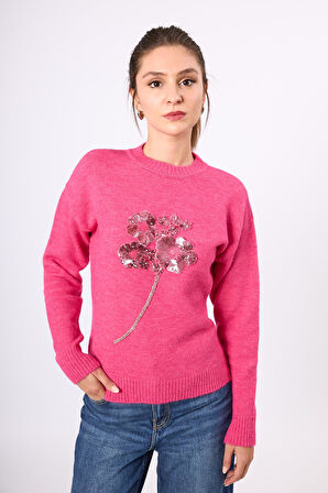 Peraluna Lorna Boncuk İşlemeli Kadın Triko Kazak - Fuşya