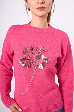 Peraluna Lorna Boncuk İşlemeli Kadın Triko Kazak - Fuşya