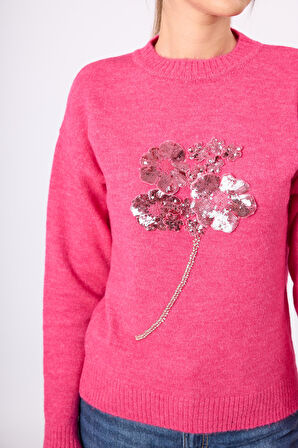 Peraluna Lorna Boncuk İşlemeli Kadın Triko Kazak - Fuşya