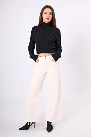 Peraluna Scarlett Saç Örgülü Krop Kesim Kadın Triko Kazak - Siyah