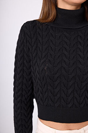 Peraluna Scarlett Saç Örgülü Krop Kesim Kadın Triko Kazak - Siyah