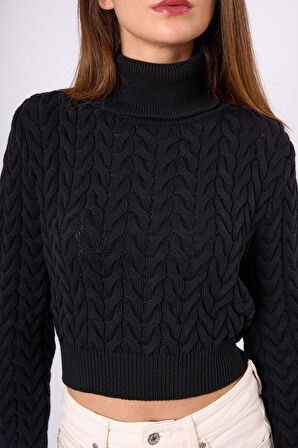 Peraluna Scarlett Saç Örgülü Krop Kesim Kadın Triko Kazak - Siyah