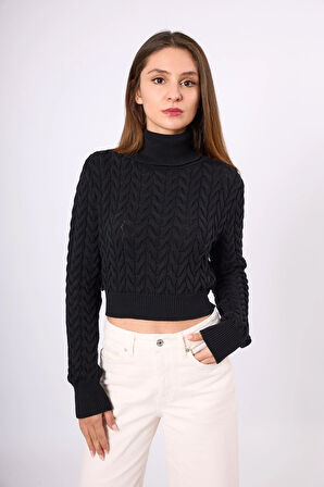 Peraluna Scarlett Saç Örgülü Krop Kesim Kadın Triko Kazak - Siyah