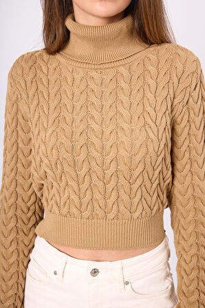 Peraluna Scarlett Saç Örgülü Krop Kesim Kadın Triko Kazak - Camel