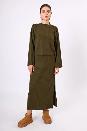 Peraluna Molly Omuzu Düğmeli Kadın Triko Kazak - Koyu Yeşil Melanj