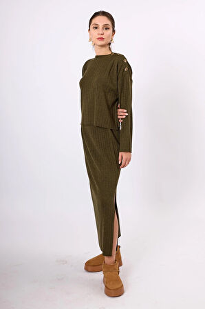 Peraluna Molly Omuzu Düğmeli Kadın Triko Kazak - Koyu Yeşil Melanj