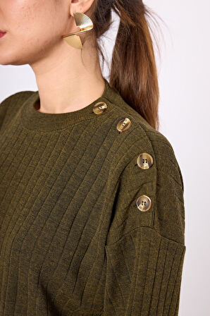 Peraluna Molly Omuzu Düğmeli Kadın Triko Kazak - Koyu Yeşil Melanj