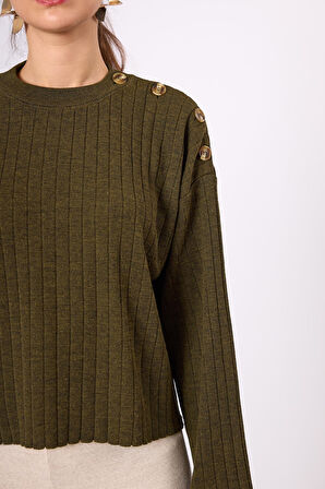 Peraluna Molly Omuzu Düğmeli Kadın Triko Kazak - Koyu Yeşil Melanj