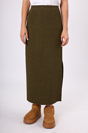 Peraluna Molly Midi Boy Ribana Triko Etek  - Koyu Yeşil Melanj