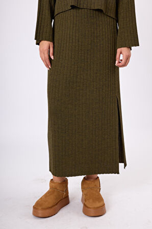 Peraluna Molly Midi Boy Ribana Triko Etek  - Koyu Yeşil Melanj