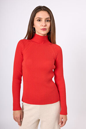 Peraluna Britta Rib Örgü Fit Kalıp Kadın Triko Kazak - Kırmızı