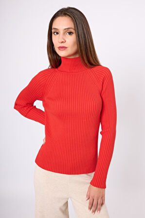 Peraluna Britta Rib Örgü Fit Kalıp Kadın Triko Kazak - Kırmızı