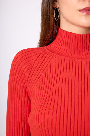 Peraluna Britta Rib Örgü Fit Kalıp Kadın Triko Kazak - Kırmızı